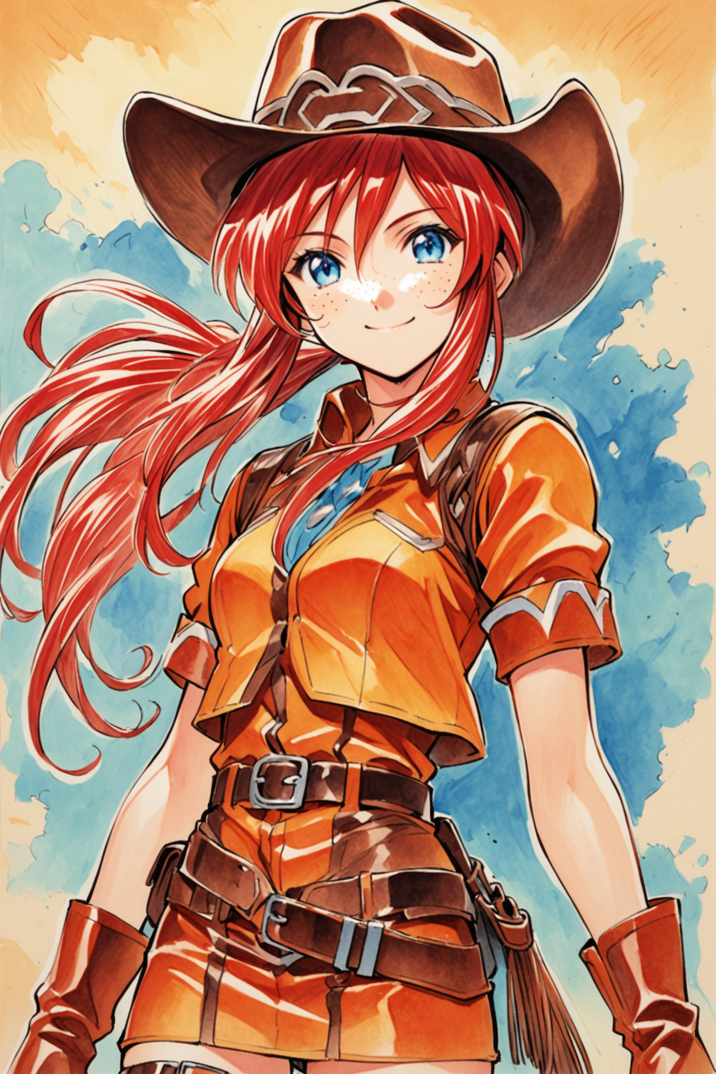 31438-3335516647-Gemini Sunrise,1girl,solo,cowboy shot,smile,mouth closed,red hair,ponytail,blue eyes,freckles,sidelocks,belt,thigh strap,hat,cow.png